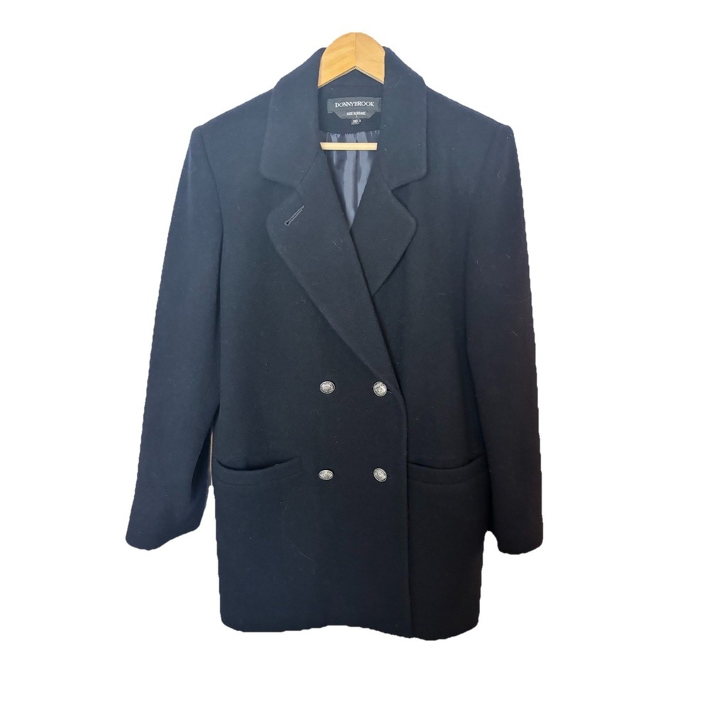 Donnybrook Wool Navy Blue Woman's 10 Pea Coat‎ Antique Silver Buttons Dbl Breast